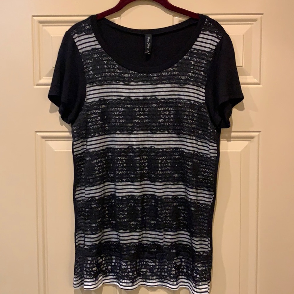 Red Olive black lace striped short sleeve top M